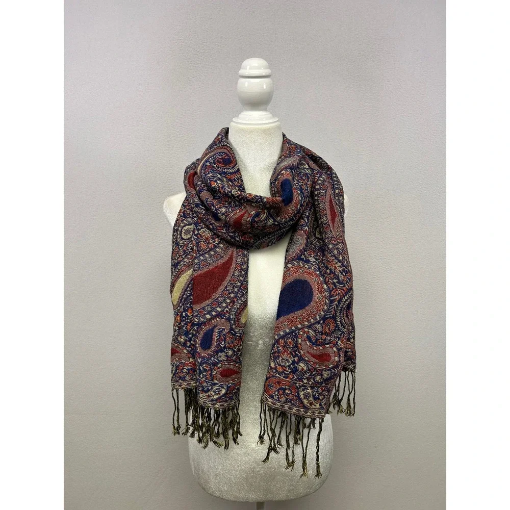 Boho Artistic Layering Womens OS Blue Red Paisley Pashmina Wrap Scarf
